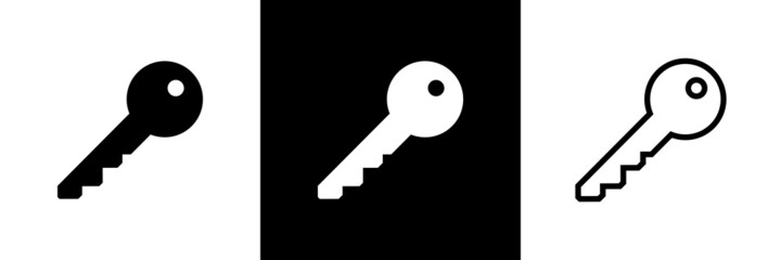 Key, icons set. Black silhouette of a key. Isolated raster image on white background.