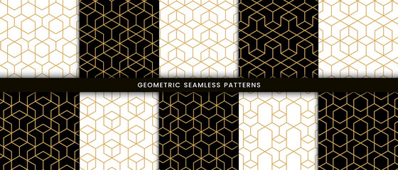  Set of geometric seamless pattern hexagonal shape. Luxury background with gold lines on black and white color