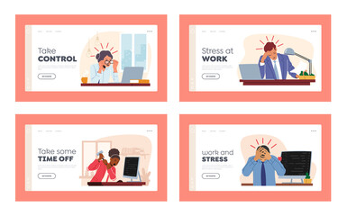 Professional Burnout Landing Page Template Set. Exhausted Managers Characters at Work Sitting at Table with Head Down