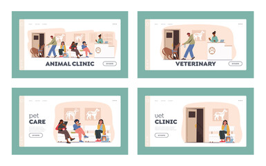 Animals Hospital Landing Page Template Set. People with Pets in Veterinary Clinic for Treatment. Characters with Pets
