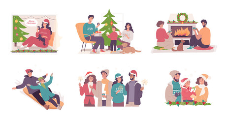Happy people celebration Christmas holiday cartoon vector illustration set