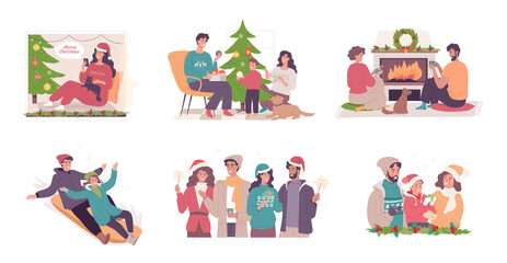 Naklejka premium Happy people celebration Christmas holiday cartoon vector illustration set