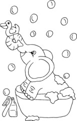 Elephant. Cartoon character. Taking a bath. Flat vector illustration.
