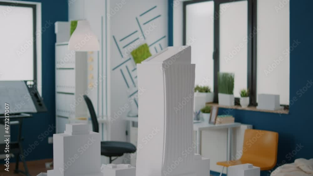 Poster close up of building model and maquette design on table to create urban structure. construction layo