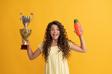 best curl. girl has wavy hairdo. portrait of frizz child. haircare and skincare. hairdresser.