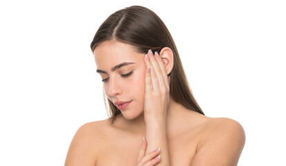 Fototapeta premium smooth and soft female skin. woman touch smooth face. young girl with bare shoulders.