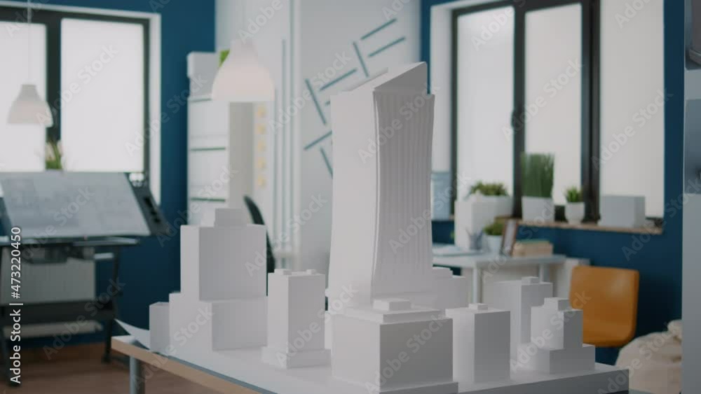Poster close up of building model on table to design construction layout in architectural office. maquette 