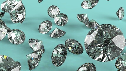Shiny Diamonds falling under light green lighting. 3D illustration. 3D CG. 3D high quality rendering.