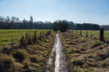 Scenic view over mud walking path in Brussels, Molenbeek