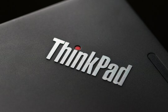 Lenovo Thinkpad Brand Logo On A Modern Laptop Computer. Close Up Detail.