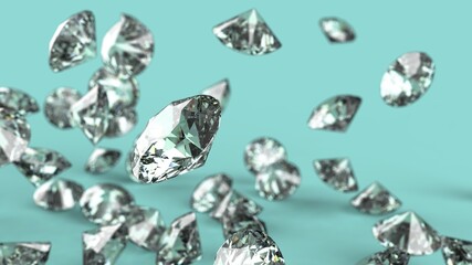 Shiny Diamonds falling under light green lighting. 3D illustration. 3D CG. 3D high quality rendering.