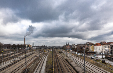 Fototapeta premium Schaerbeek, Brussels / Belgium - 03 15 2019: The Schaerbeek Infrabel Railway formation site of the Belgian Railway company NMBS SNCB