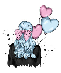 Beautiful girl in stylish clothes and balloons-hearts. Love and valentine's day. Fashion and style, clothing and accessories.