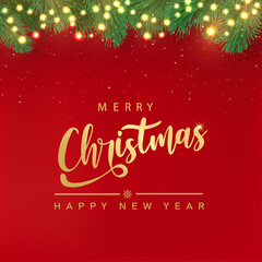 Fototapeta na wymiar Merry christmas card with golden text and pine tree border. Vector.