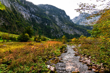 Saletbach river connecting Obersee lake and Koenigsee lake in Berchtesgadener valley, Germany