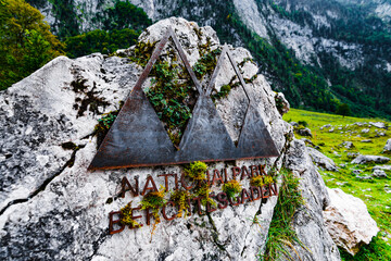 Berchtesgadener national park sign in Berchtesgadener valley, Germany