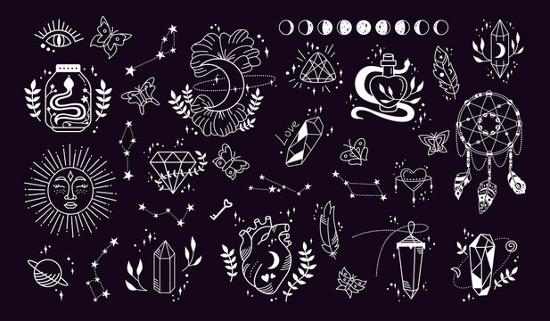 Mystic and astrology, witch magic symbols doodle set. Esoteric, boho hand drawn occult icon elements, magic witchcraft crystal, moon, dreamcatcher sign. Tattoo fantasy vector isolated dark background