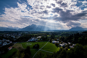 Kirche zur Schmerzhaften Gottesmutter and panorama view of south of Salzburg in beautiful autumn cloudy day