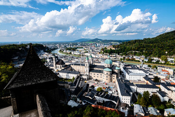 Panoramic view of the city of Salzburg from Hohensalzburg Fortress with guardtower in front, Austria