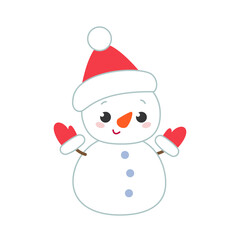Cute happy snowman in a red hat and gloves. Christmas character in a santa hat. Colored flat vector illustration of cute snowy kid isolated on white background.