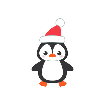 Cute happy penguin in a red hat. Christmas character in a santa hat. Colored flat vector illustration of a cute animal isolated on white background.