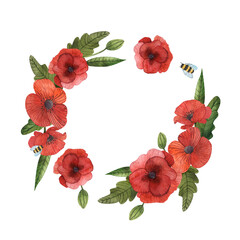 Spring flower wreath of red poppies by bee, postcard, frame