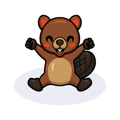 Cute little beaver cartoon sitting and raising hands