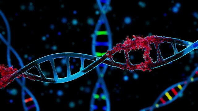 DNA Strand Disintegration in millions of red particles on blue dark Background, DNA spinning while the cell is disintegrating, virus infection spread