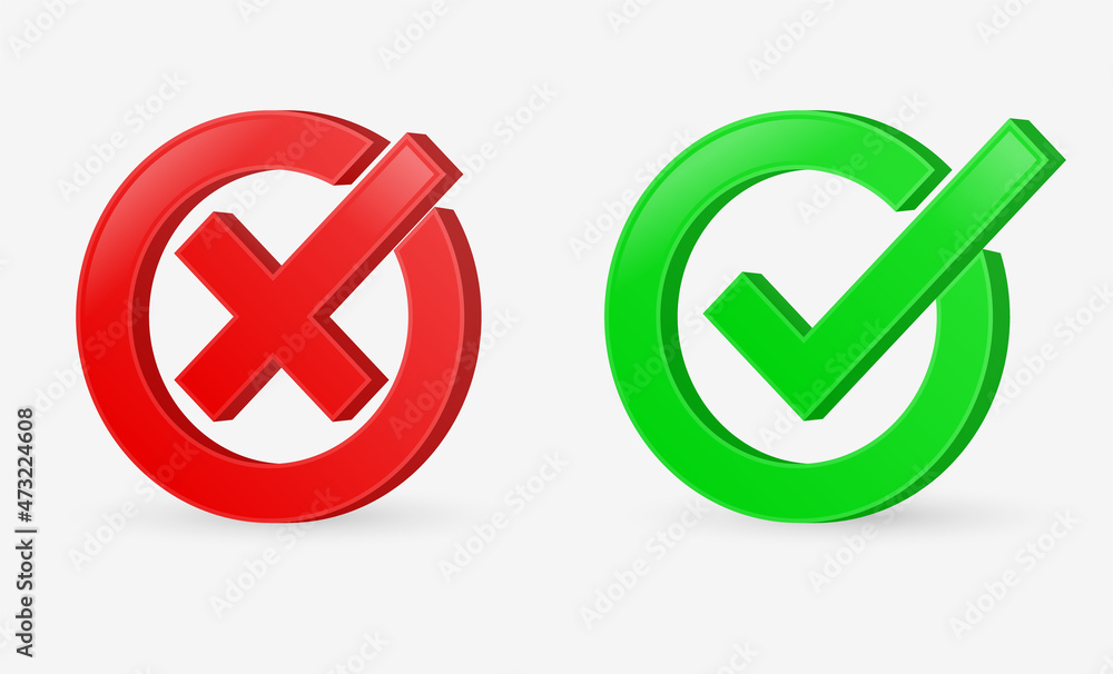 Poster checkmark icon 3d button or check mak box frame - yes or no icons - correct and incorrect sign or green tick and red cross	boxes
