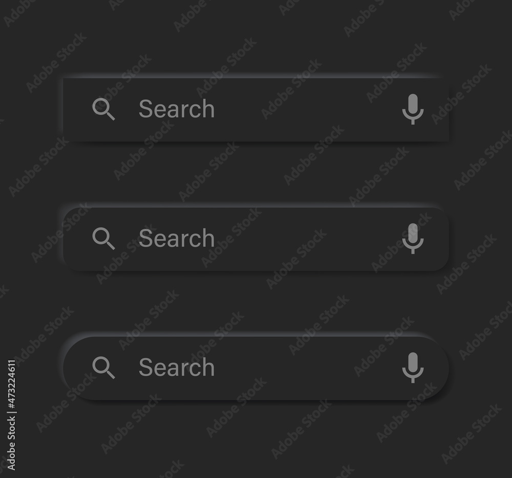Aufkleber Search bar frame with microphone voice icon in black neumorphism buttons with shadow - Search boxes window with mic icon in black neumorphic button