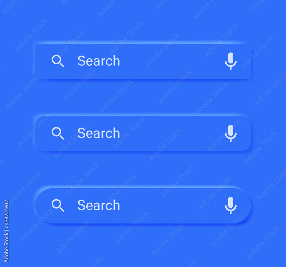 Poster search bar frame with microphone voice icon in blue neumorphism buttons with shadow - search boxes w