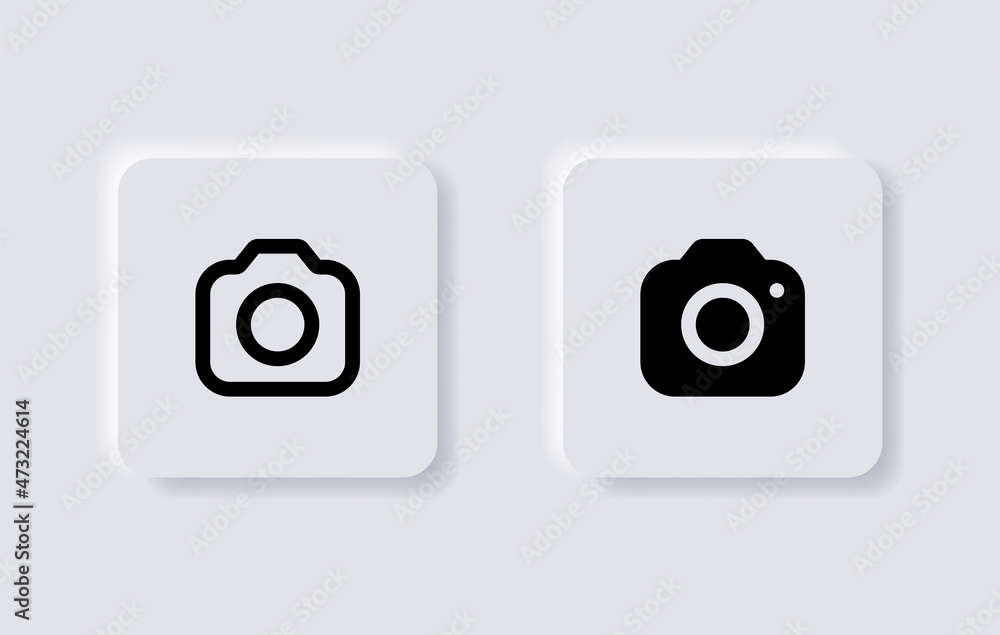 Fototapete Camera icon in neumorphism buttons, Photo camera symbol, snapshot icon in filled, thin line, outline and stroke style with neumorphic style ui user interface for apps and website
