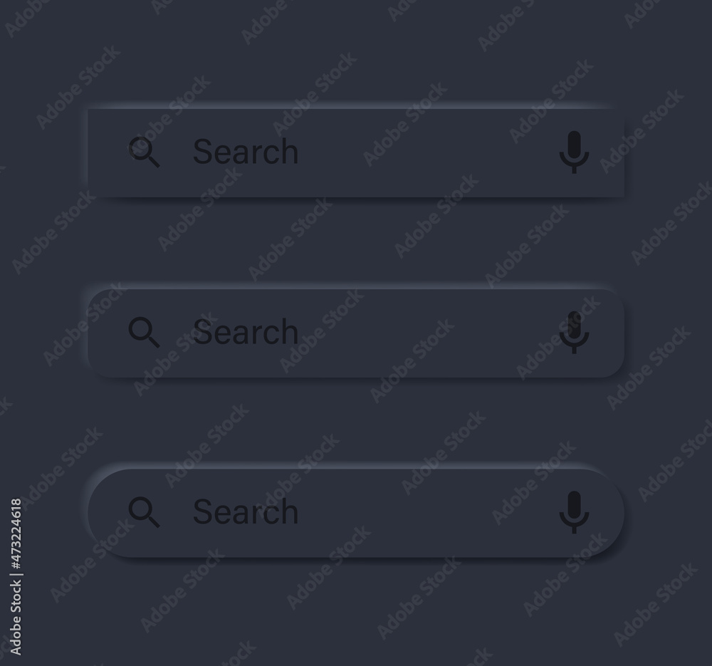 Aufkleber Search bar frame with microphone voice icon in datk black neumorphism buttons with shadow - Search boxes window with mic icon in black dark neumorphic button