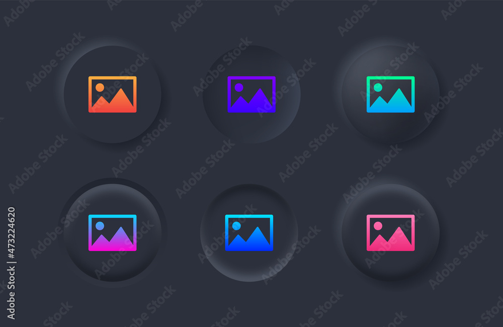 Poster gallery icon with gradient color in black neumorphism buttons, silhouette of an image, Photo album icon, Picture icons set in filled with neumorphic style ui user interface for apps and website
