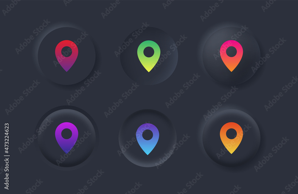 Poster Location pin icon, map pointer marker symbol with gradient color in black neumorphism buttons, gps map pin icon button with neumorphic style ui user interface for apps and website