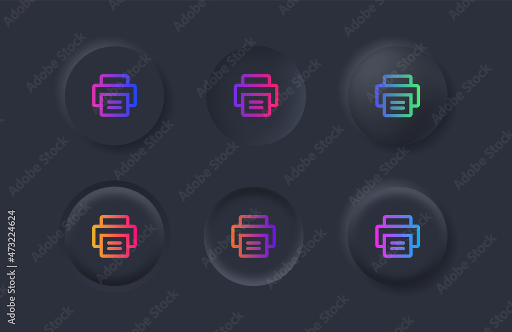 Aufkleber printer icon with gradient color in black neumorphism buttons - Document desktop print icon symbol - fax icon button in neumorphic style ui user interface for apps and website
