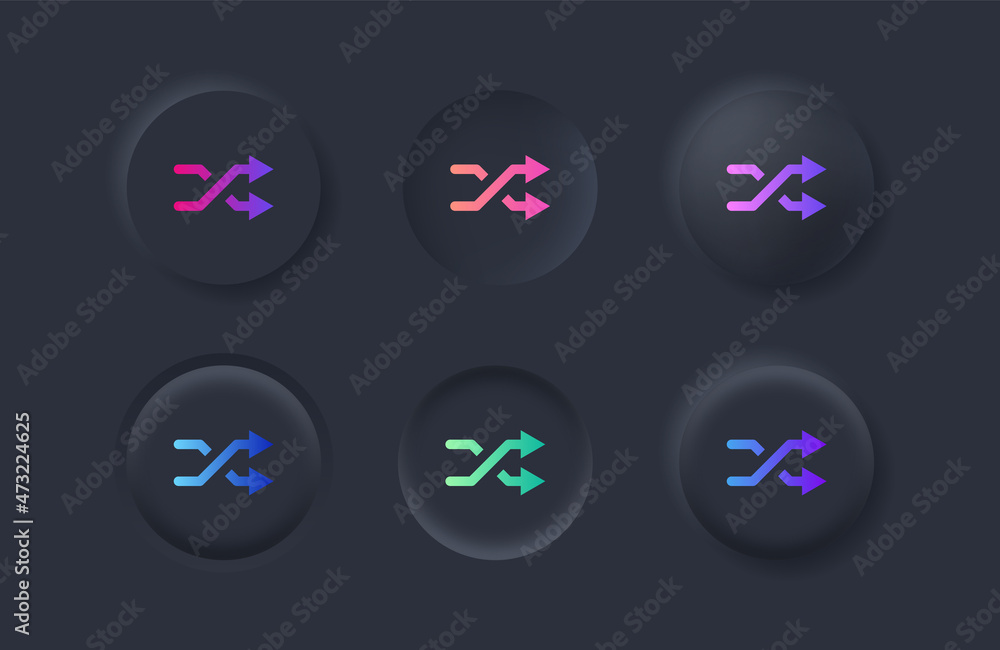 Poster shuffle icon, random symbol with gradient color in black neumorphism buttons with two arrow - andomize playlist line, Shuffling icon in neumorphic style ui user interface for apps and website