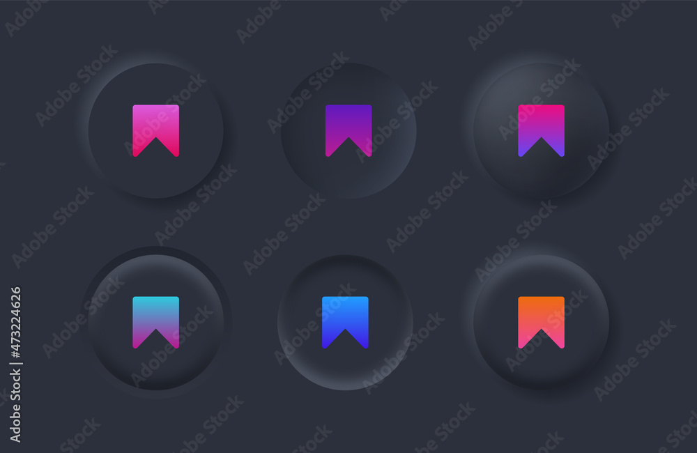 Poster Save Icon bookmark symbol with gradient color in black neumorphism buttons - book mark icon button	with neumorphic style ui user interface for apps and website
