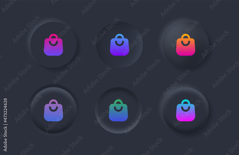 Poster shop bag icon with gradient color in black neumorphism buttons - Shopping bags icons, packages symbol in filled with neumorphic style ui user interface for apps and website