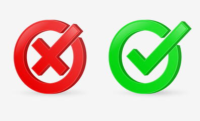 checkmark icon 3d button or check mak box frame - yes or no icons - correct and incorrect sign or green tick and red cross	boxes
