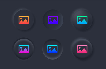 gallery icon with gradient color in black neumorphism buttons, silhouette of an image, Photo album icon, Picture icons set in filled with neumorphic style ui user interface for apps and website
