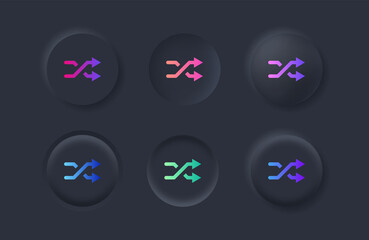 shuffle icon, random symbol with gradient color in black neumorphism buttons with two arrow - andomize playlist line, Shuffling icon in neumorphic style ui user interface for apps and website