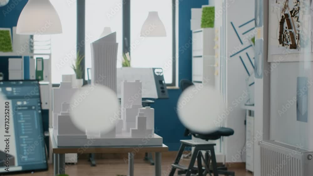 Poster nobody in architectural office with building model and 3d construction plan, tools used for urban pr