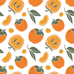 Cute persimmon seamless pattern. Bright fruits, lobules and leaves in cartoon style. Vector flat hand drawn illustration