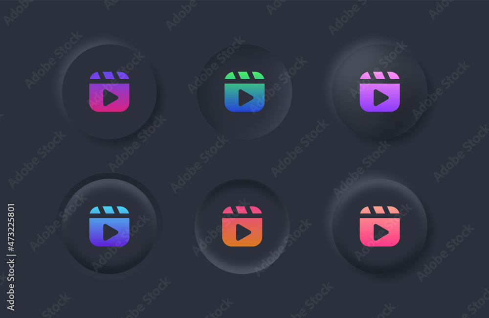 Poster play video icon with gradient color in black neumorphism buttons, multimedia player, Video playlist icon outline and filled icons with neumorphic style ui user interface for apps and website

