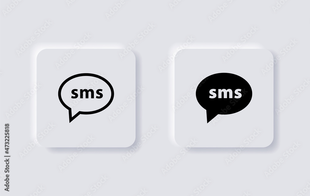 Poster sms icon in speech bubble with neumorphism buttons, text message symbol, Short Message Service, message send icon with neumorphic style ui user interface for apps and website

