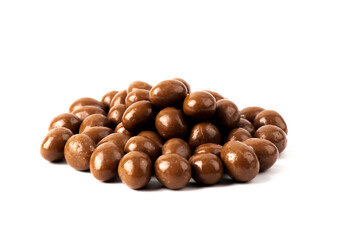 Chocolate balls filled on a white background. Chocolate candy balls with crisp filling isolated on white background