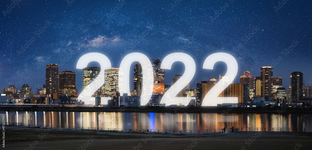 Canvas Prints New Year 2022 in the city. Panoramic city at night with starry sky and happy new year 2022 celebration