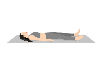 Corpse Pose, Prasarita Balasana, Beautiful girl practice Savasana. Young attractive woman practicing yoga exercise. working out, black wearing sportswear, grey pants and top, indoor full length