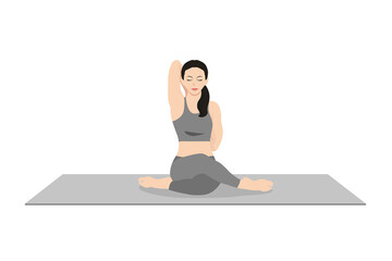 Cow Face Pose, Beautiful girl practice Gomukhasana. Young attractive woman practicing yoga exercise. working out, black wearing sportswear, grey pants and top, indoor full length, calmness and relax.